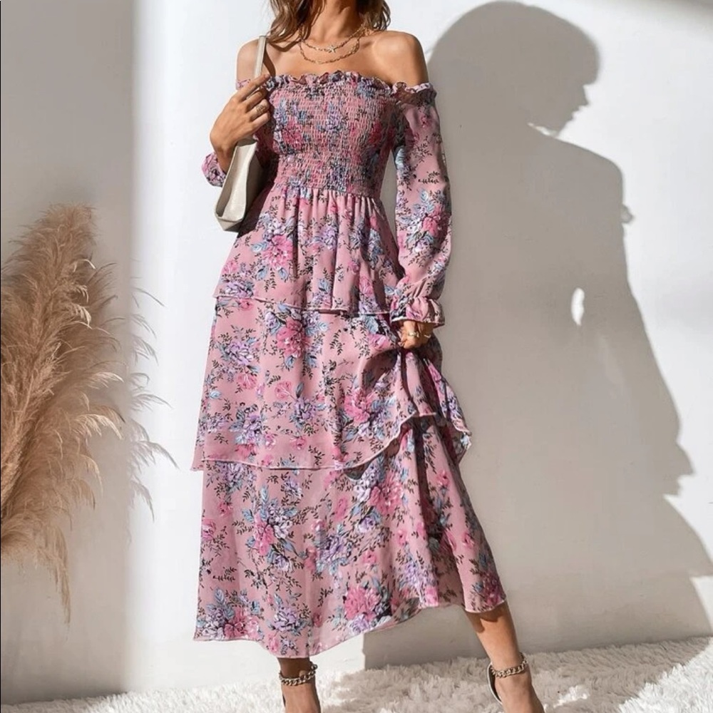 SHEIN Pink Floral Off-Shoulder Smocked Maxi Dress- sheer